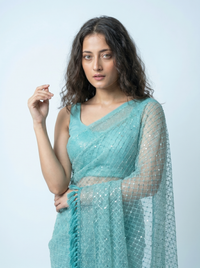 Mrs. SARDARNI Premium Embroidered Net Saree - Turquoise