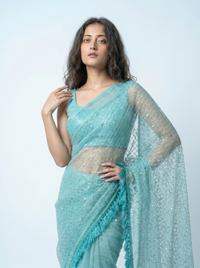 Mrs. SARDARNI Premium Embroidered Net Saree - Turquoise