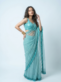 Mrs. SARDARNI Premium Embroidered Net Saree - Turquoise