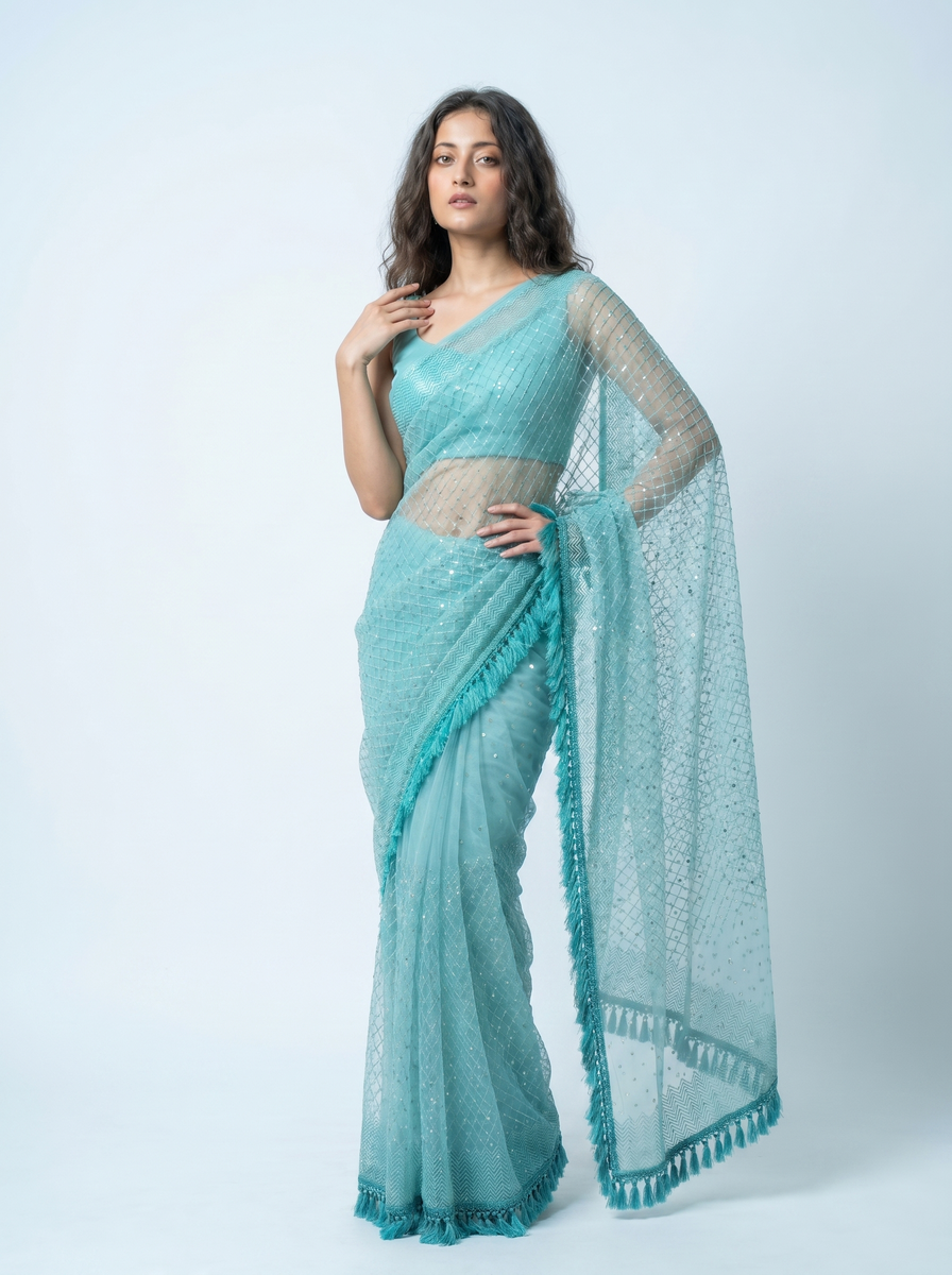 Mrs. SARDARNI Premium Embroidered Net Saree - Turquoise