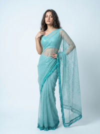 Mrs. SARDARNI Premium Embroidered Net Saree - Turquoise