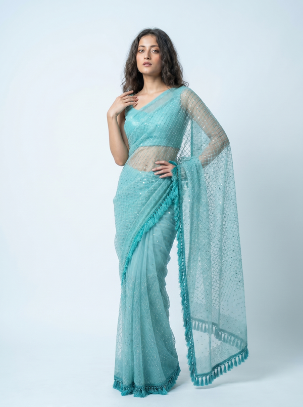 Mrs. SARDARNI Premium Embroidered Net Saree - Turquoise
