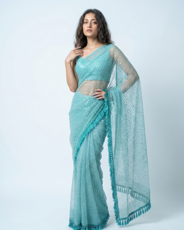 Mrs. SARDARNI Premium Embroidered Net Saree - Turquoise