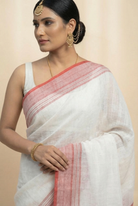 Traditional White & Red Self-Khadi Cotton Saree | Festive Wear by Mrs. Sardarni