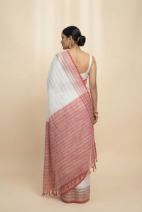 Traditional White & Red Self-Khadi Cotton Saree | Festive Wear by Mrs. Sardarni