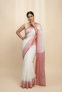 Traditional White & Red Self-Khadi Cotton Saree | Festive Wear by Mrs. Sardarni