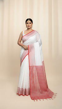 Traditional White & Red Self-Khadi Cotton Saree | Festive Wear by Mrs. Sardarni