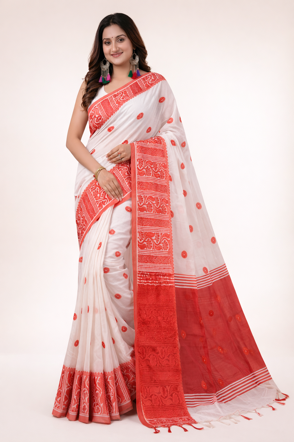 Elegant White & Red Silk Bol Butti Saree | Traditional Hand-Woven Ethnic Wear with Tassels | Premium Ethnic Wear | Mrs. SARDARNI