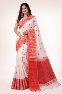 Elegant White & Red Silk Bol Butti Saree | Traditional Hand-Woven Ethnic Wear with Tassels | Premium Ethnic Wear | Mrs. SARDARNI