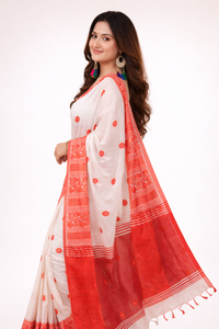 Elegant White & Red Silk Bol Butti Saree | Traditional Hand-Woven Ethnic Wear with Tassels | Premium Ethnic Wear | Mrs. SARDARNI