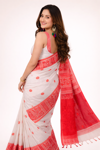 Elegant White & Red Silk Bol Butti Saree | Traditional Hand-Woven Ethnic Wear with Tassels | Premium Ethnic Wear | Mrs. SARDARNI