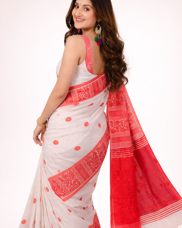 Elegant White & Red Silk Bol Butti Saree | Traditional Hand-Woven Ethnic Wear with Tassels | Premium Ethnic Wear | Mrs. SARDARNI