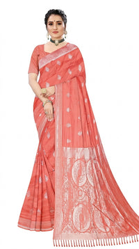 Mrs. SARDARNI Women's Peach Pink Gulal Art Silk Saree with Silver Zari Weaving & Tassel Pallu | Premium Ethnic Wear | Mrs. SARDARNI