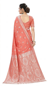 Mrs. SARDARNI Women's Peach Pink Gulal Art Silk Saree with Silver Zari Weaving & Tassel Pallu | Premium Ethnic Wear | Mrs. SARDARNI