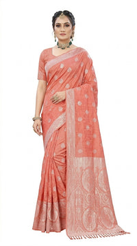 Mrs. SARDARNI Women's Peach Pink Gulal Art Silk Saree with Silver Zari Weaving & Tassel Pallu | Premium Ethnic Wear | Mrs. SARDARNI