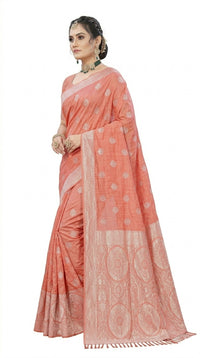 Mrs. SARDARNI Women's Peach Pink Gulal Art Silk Saree with Silver Zari Weaving & Tassel Pallu | Premium Ethnic Wear | Mrs. SARDARNI