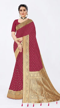 Mrs. SARDARNI Women's Cherry Red Art Silk Gulal Saree with Tiny Golden Zari Buttis & Tassel Pallu | Premium Ethnic Wear | Mrs. SARDARNI