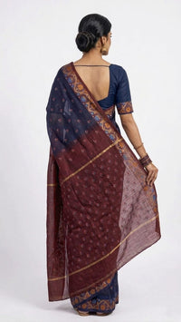Handcrafted Navy Blue Garol Muslin Saree – Wine Contrast Border with Floral Jamdani Motifs | Premium Ethnic Wear | Mrs. SARDARNI