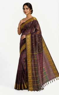 Luxurious Deep Violet Garol Muslin Saree – Golden Zari Border with Traditional Motifs | Premium Ethnic Wear | Mrs. SARDARNI