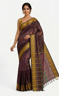 Luxurious Deep Violet Garol Muslin Saree – Golden Zari Border with Traditional Motifs | Premium Ethnic Wear | Mrs. SARDARNI