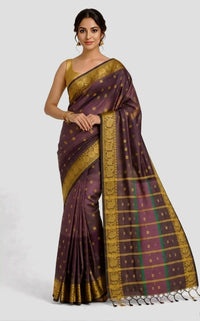 Luxurious Deep Violet Garol Muslin Saree – Golden Zari Border with Traditional Motifs | Premium Ethnic Wear | Mrs. SARDARNI