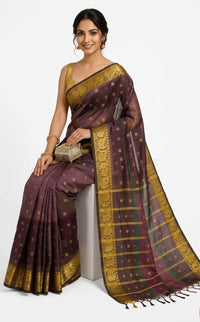 Luxurious Deep Violet Garol Muslin Saree – Golden Zari Border with Traditional Motifs | Premium Ethnic Wear | Mrs. SARDARNI