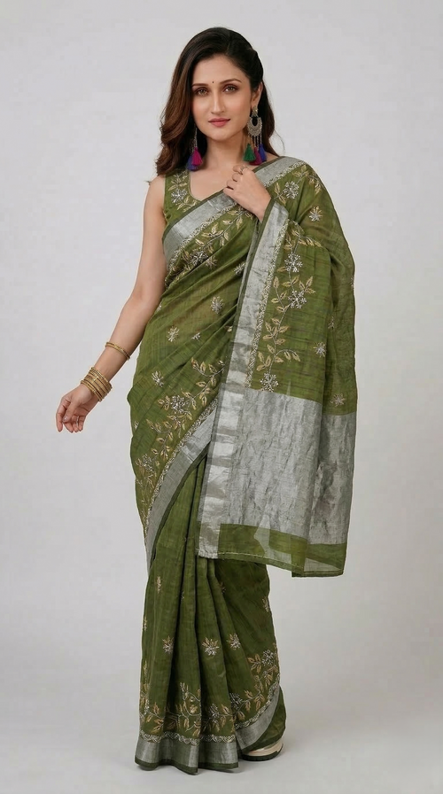 Elegant Olive Green Bampar Design Saree with Silver Embroidery | Premium Ethnic Wear | Mrs. SARDARNI
