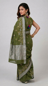 Elegant Olive Green Bampar Design Saree with Silver Embroidery | Premium Ethnic Wear | Mrs. SARDARNI