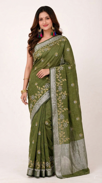 Elegant Olive Green Bampar Design Saree with Silver Embroidery | Premium Ethnic Wear | Mrs. SARDARNI