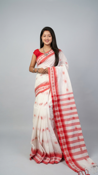 Authentic White & Red Cotton Shiuli Saree | Traditional Wear by Mrs. Sardarni
