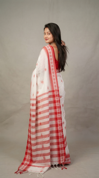 Authentic White & Red Cotton Shiuli Saree | Traditional Wear by Mrs. Sardarni