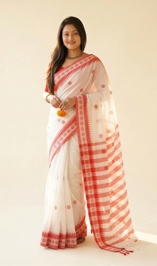 Authentic White & Red Cotton Shiuli Saree | Traditional Wear by Mrs. Sardarni