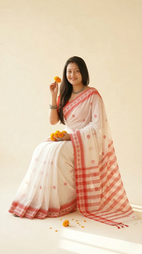 Authentic White & Red Cotton Shiuli Saree | Traditional Wear by Mrs. Sardarni