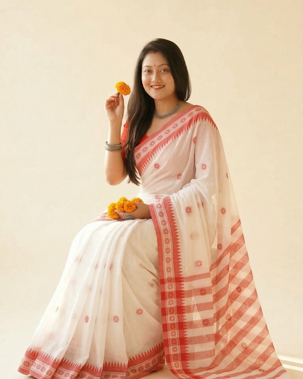Authentic White & Red Cotton Shiuli Saree | Traditional Wear by Mrs. Sardarni