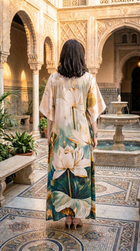 Mrs. SARDARNI Vintage Lotus Print Satin Kaftan | Premium Lounge Wear