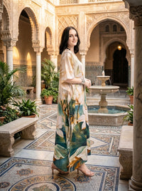 Mrs. SARDARNI Vintage Lotus Print Satin Kaftan | Premium Lounge Wear