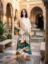 Mrs. SARDARNI Vintage Lotus Print Satin Kaftan | Premium Lounge Wear