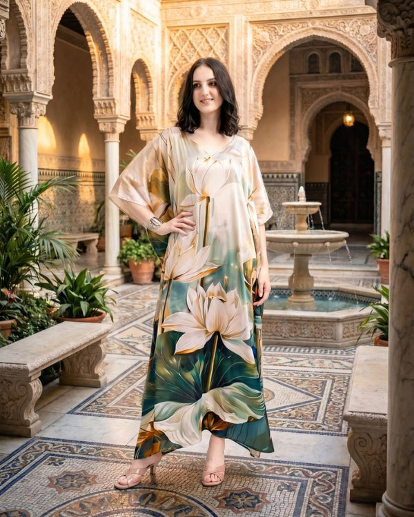 Mrs. SARDARNI Vintage Lotus Print Satin Kaftan | Premium Lounge Wear