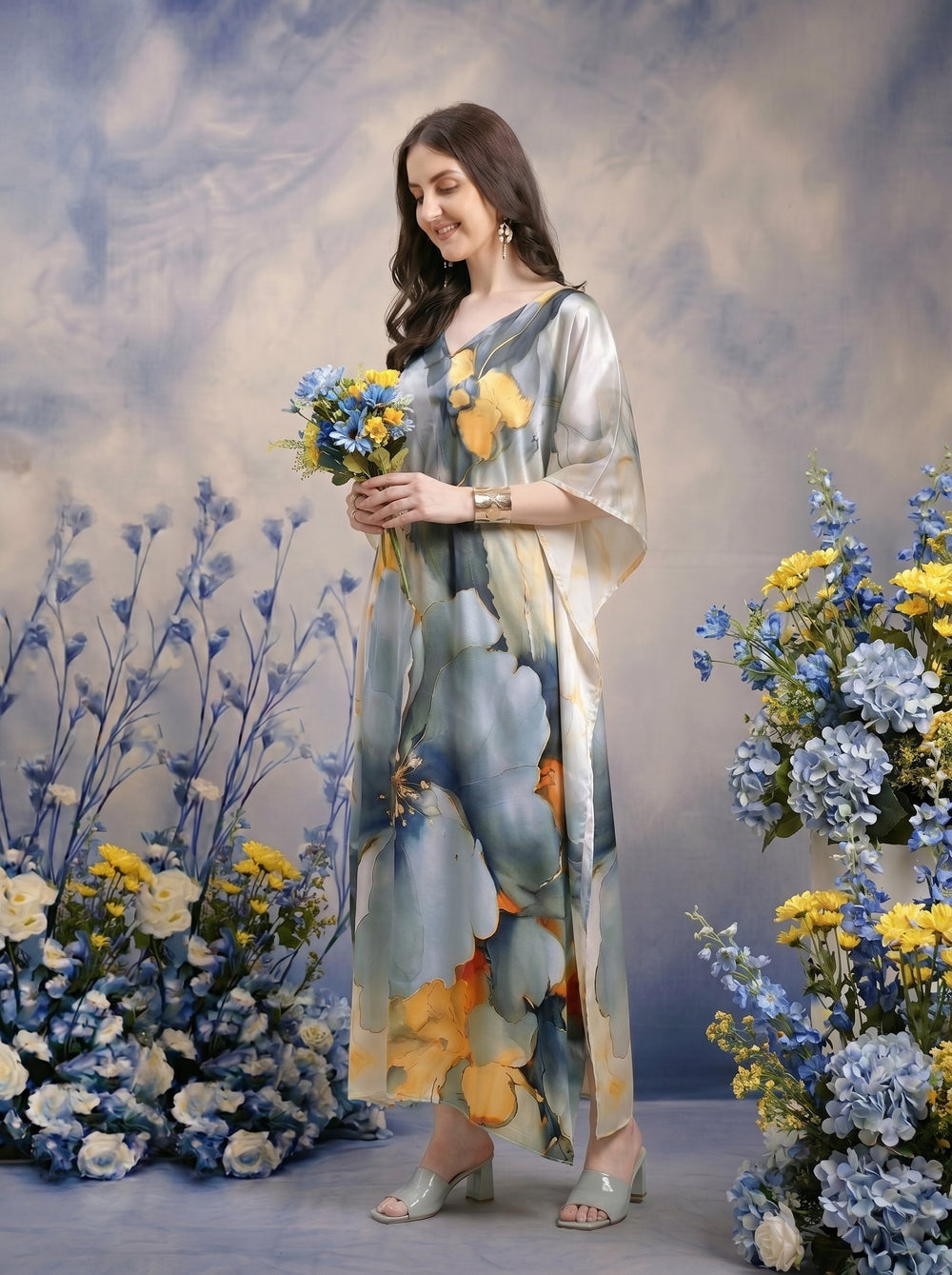Elegant Floral Silk-Satin Kaftan Maxi Dress - Mrs. SARDARNI Exclusive