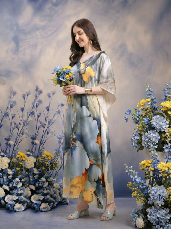 Elegant Floral Silk-Satin Kaftan Maxi Dress - Mrs. SARDARNI Exclusive