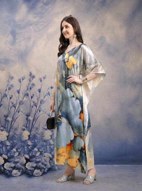 Elegant Floral Silk-Satin Kaftan Maxi Dress - Mrs. SARDARNI Exclusive