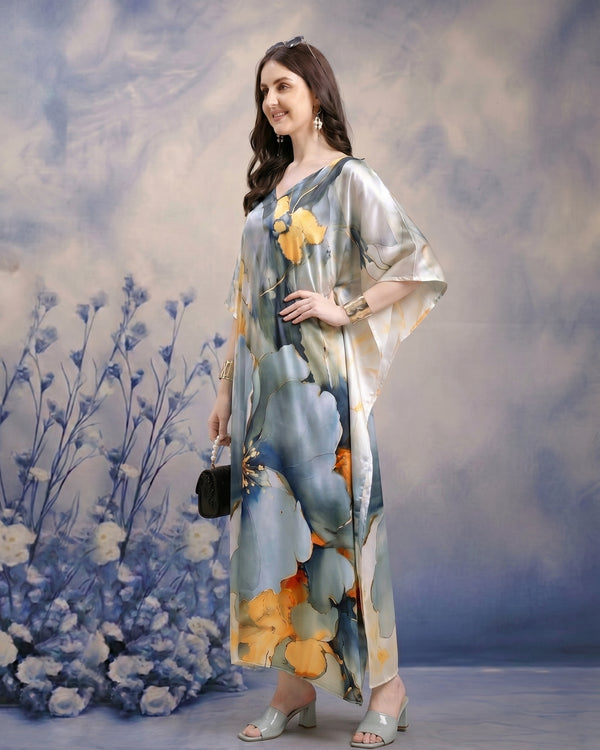 Elegant Floral Silk-Satin Kaftan Maxi Dress - Mrs. SARDARNI Exclusive