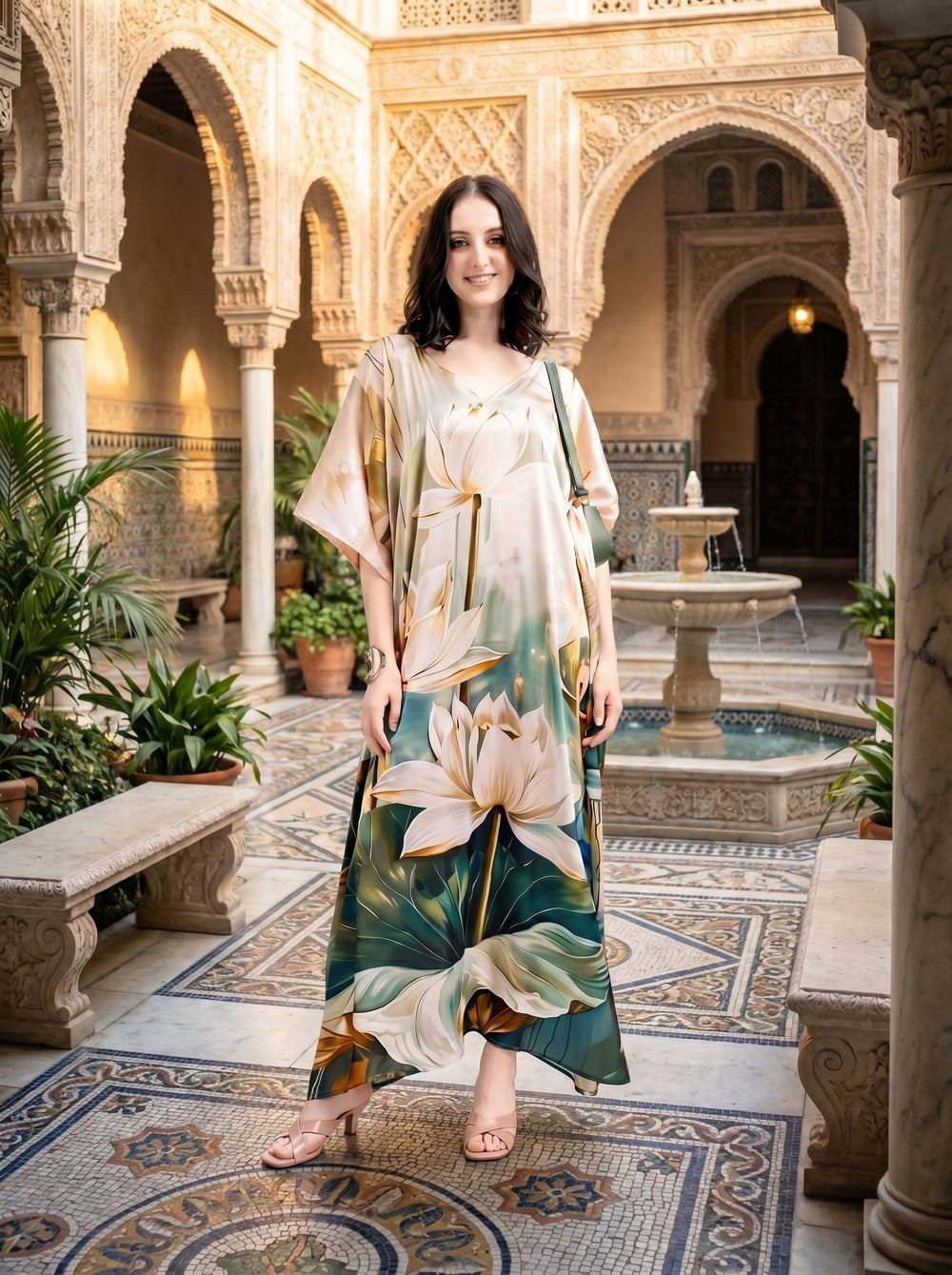 Mrs. SARDARNI Vintage Lotus Print Satin Kaftan | Premium Lounge Wear