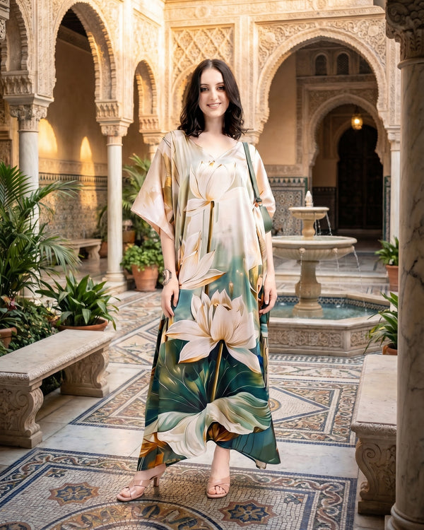 Mrs. SARDARNI Vintage Lotus Print Satin Kaftan | Premium Lounge Wear